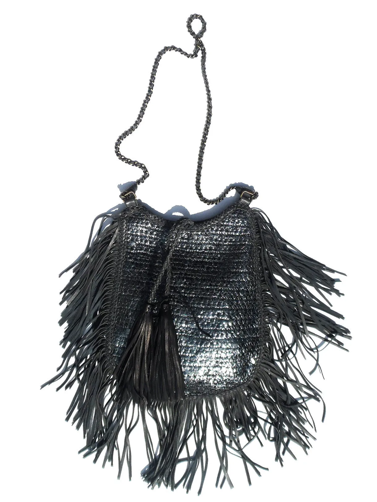 Hand Woven Leather Shoulder Cross Body Bag with Contrast Tassel