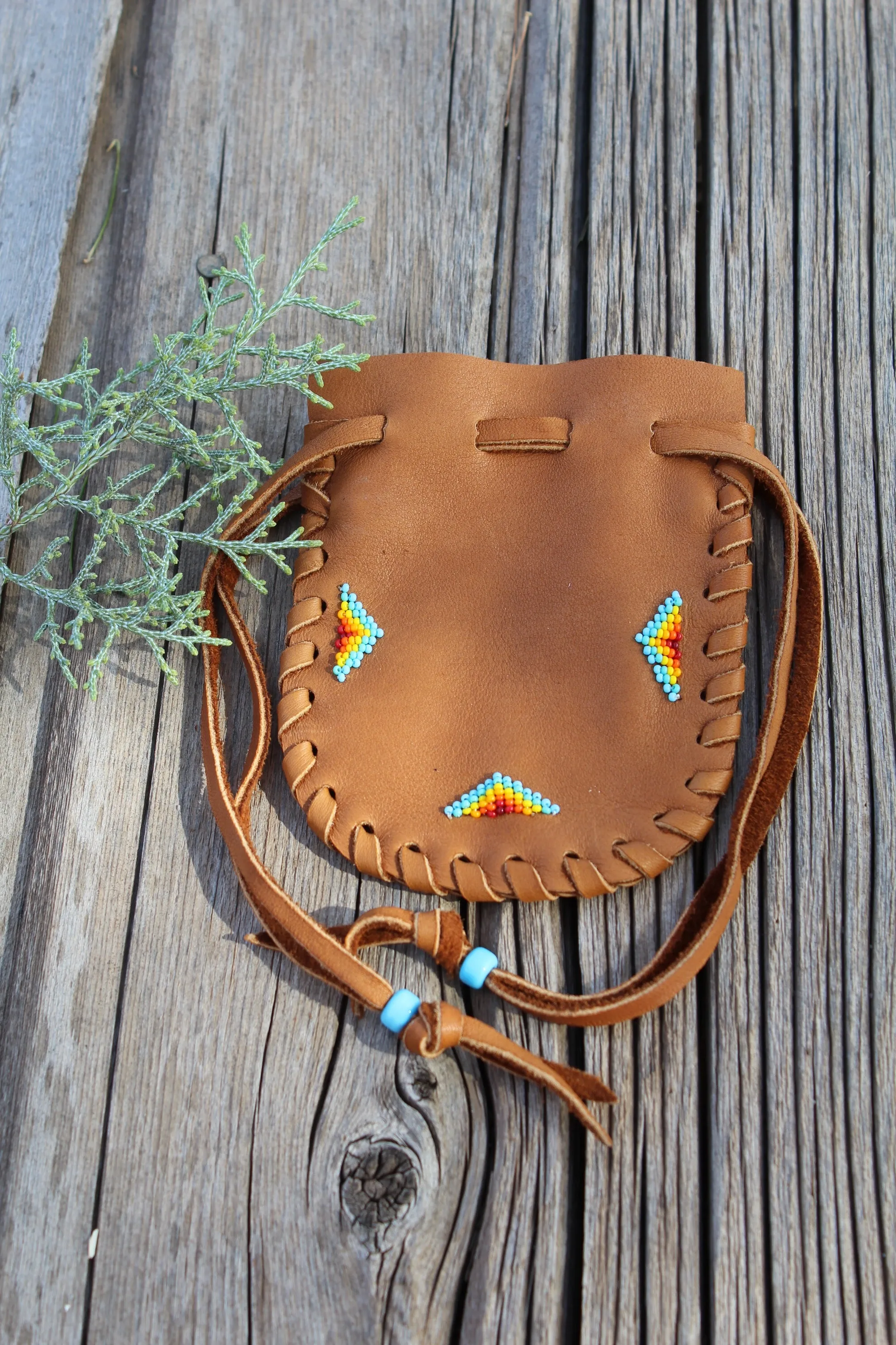 Handmade beaded medicine bag, buckskin leather pouch