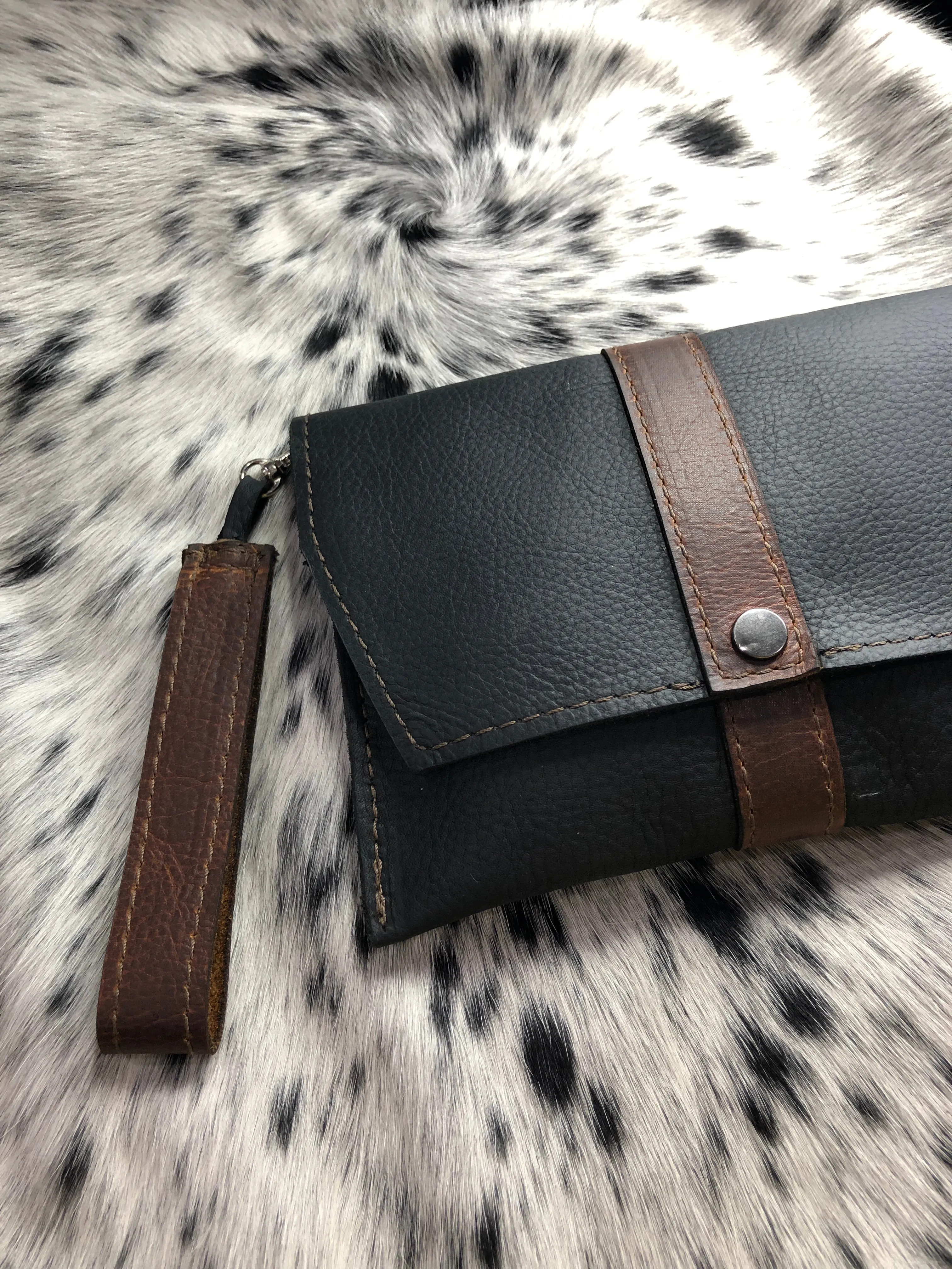 Handmade Black and Cherry Leather Clutch