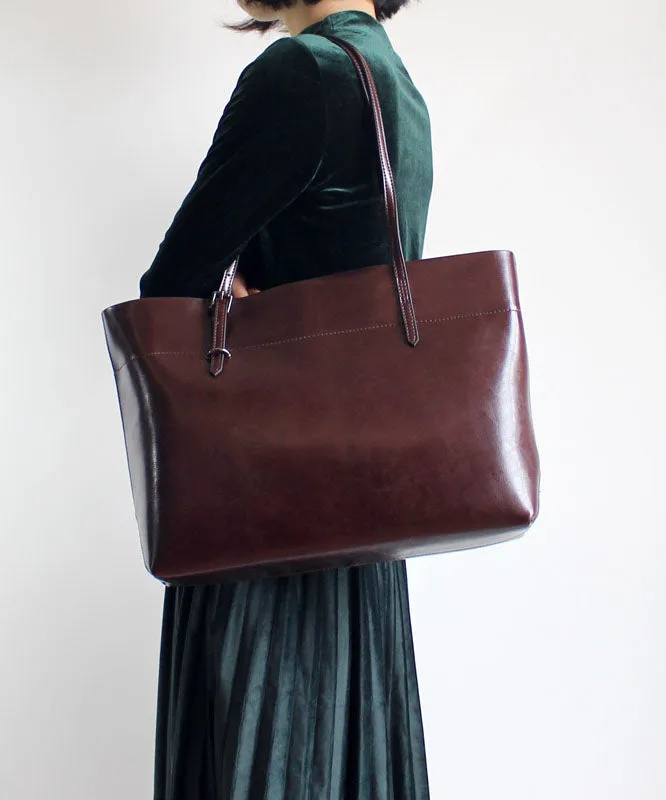 Handmade Brown Solid Color Calf Leather Shopping Bag Satchel Handbag