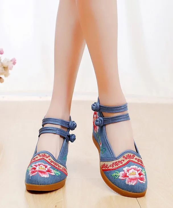 Handmade Buckle Strap Wedge High Wedge Heels Shoes Blue Embroideried Comfy Linen Fabric