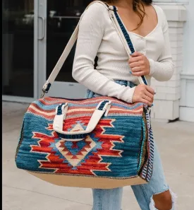 Handmade Ethnic carpet Bag weekender bag women Blue, rust & tan Aztec inspired duffel