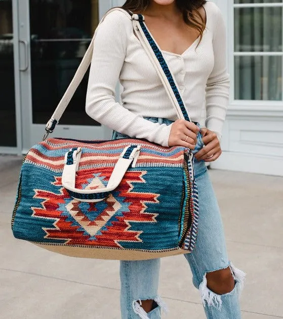 Handmade Ethnic carpet Bag weekender bag women Blue, rust & tan Aztec inspired duffel