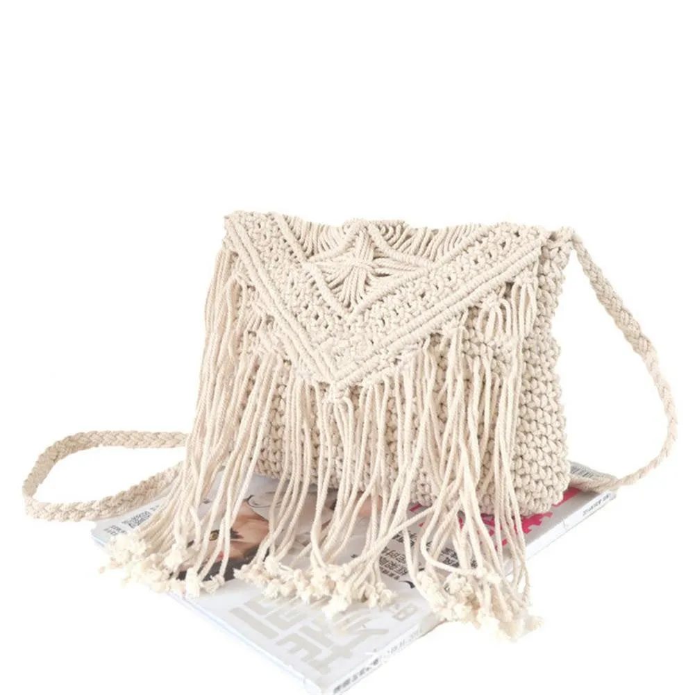 Handmade Macrame Shoulder Bag - Boho Macrame Bag- Cotton Rope Bag - Crossbody Bag - Handmade Knitted Rattan Summer Beach Bag Tassel Women