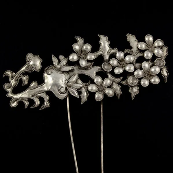 Handmade Miao Filigreed Costume 2-Prong Hair Stick Flowers