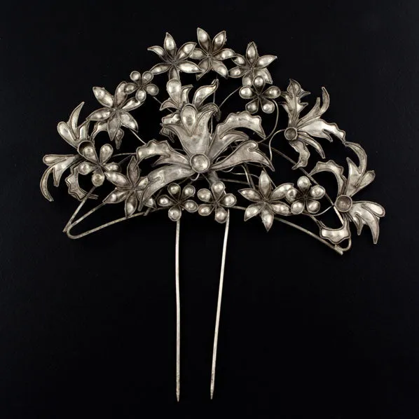 Handmade Miao Filigreed Flowers 2-Prong Costume Hair Stick