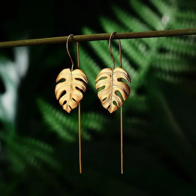 Handmade Palm Leaf Drop, Dangle Earrings, 925 Sterling Silver Fine Jewelry,  Monstera Leaves Design