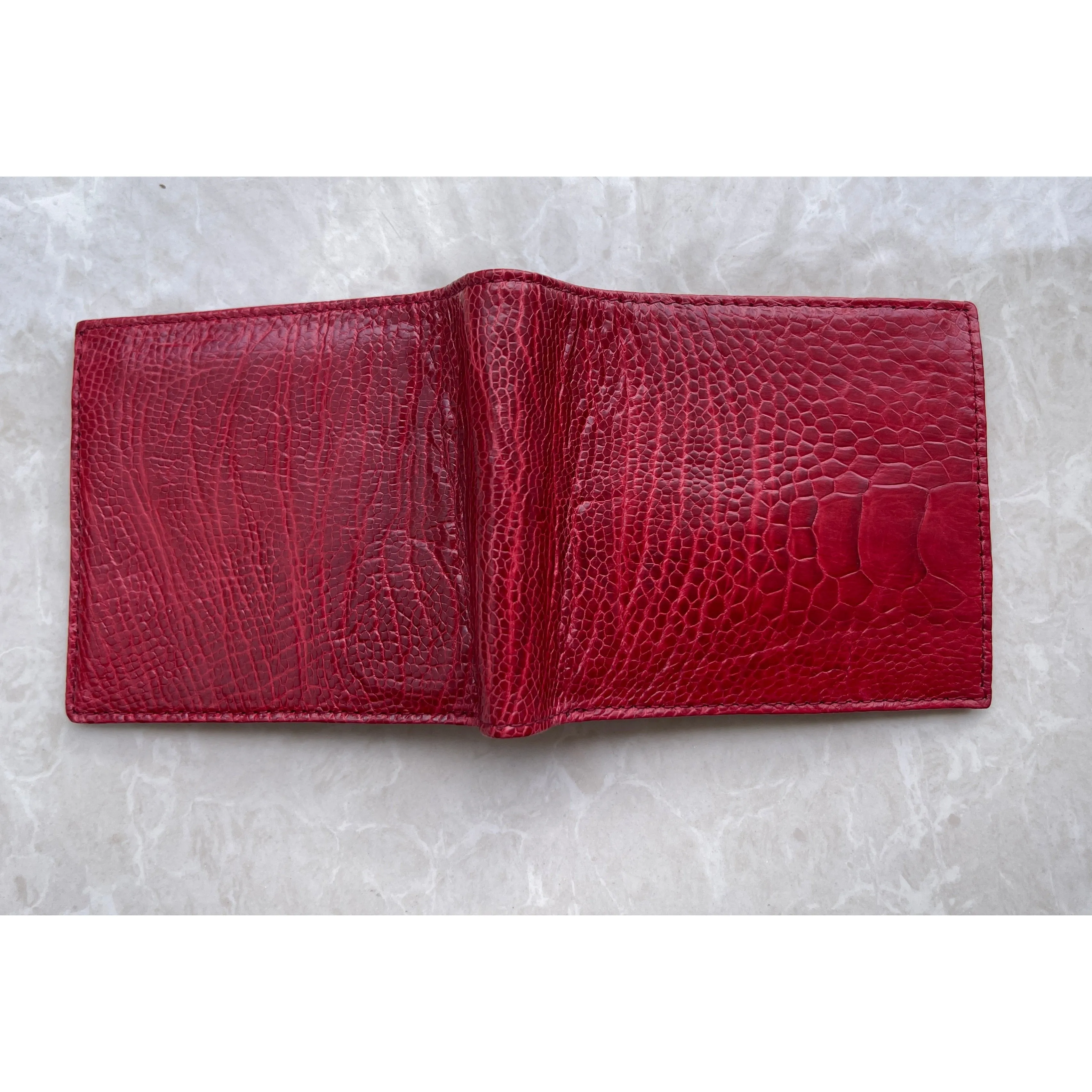 Handmade Red Slim Bifold Ostrich Leather Wallet RFID Blocking For Men | VINAM-95