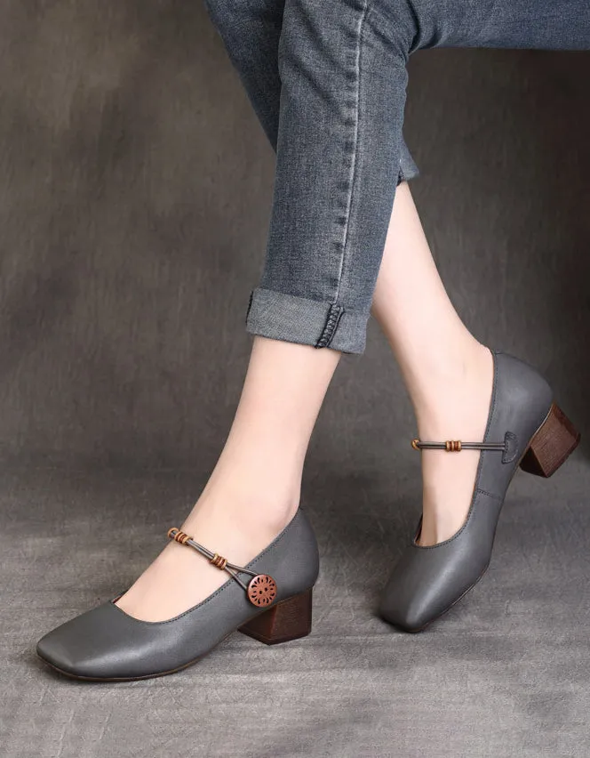 Handmade Square Toe Single Buckle Chunky Heel Pumps