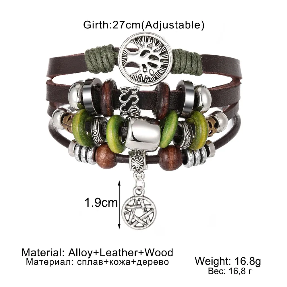 Handmade Weave Charm Tree of Life Wrap Leather Mens Bracelets for Women Star Bangles Femme Homme Male Jewellery Pulseras Mujer