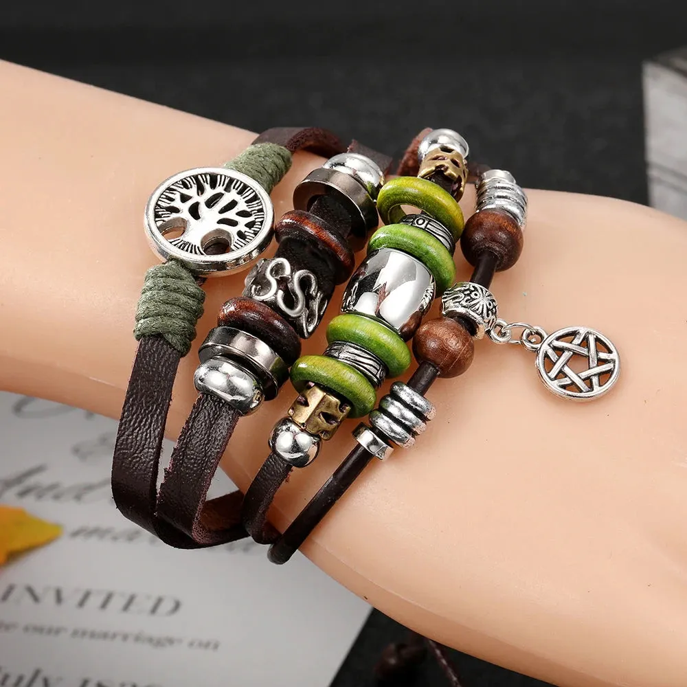 Handmade Weave Charm Tree of Life Wrap Leather Mens Bracelets for Women Star Bangles Femme Homme Male Jewellery Pulseras Mujer