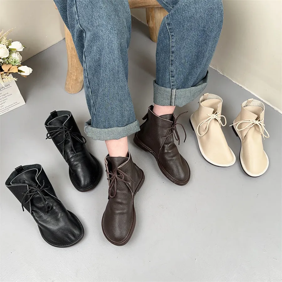 Handmade Women Tie Ankle Boots Comfortable Soft Leather Wide Toe Box Boots