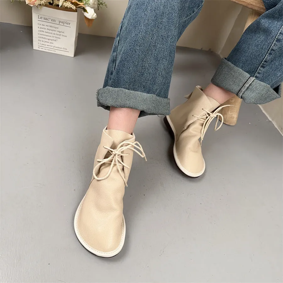 Handmade Women Tie Ankle Boots Comfortable Soft Leather Wide Toe Box Boots