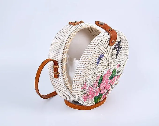 Handwoven Round Rattan Bag with Leather Shoulder Strap