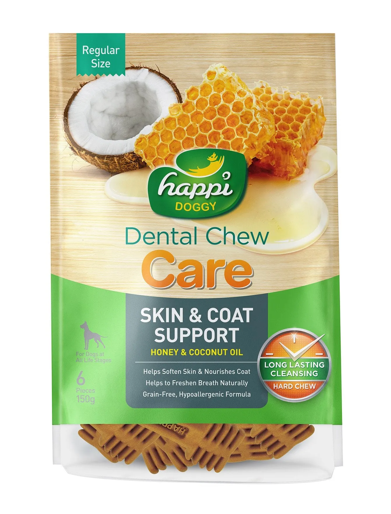 Happi Doggy Care Honey & Coconut Oil Skin & Coat Support Grain-Free Dental Dog Chews 150g