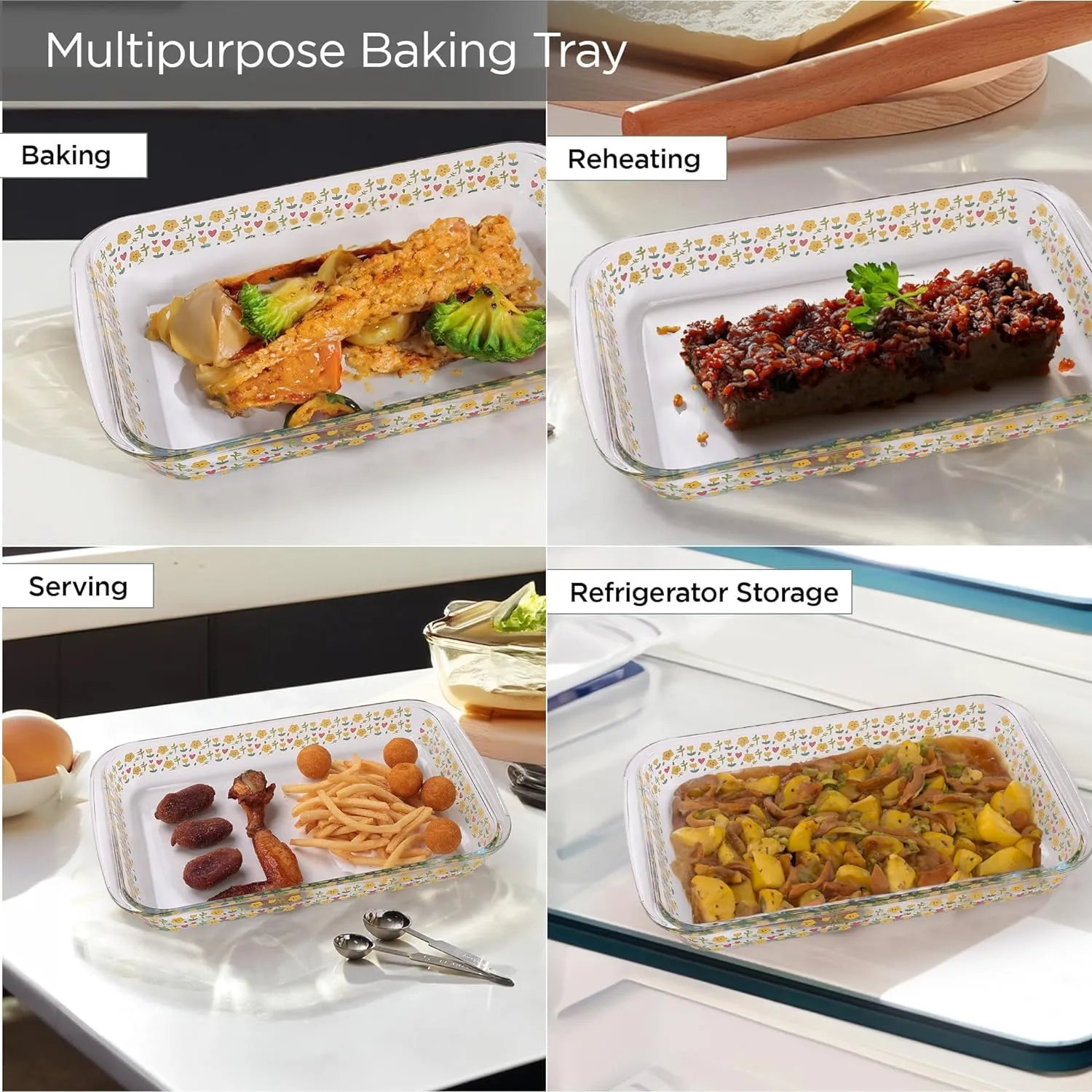 Heart Home 1600 ml Borosilicate Printed Glass Baking Tray | Transparent Microwave Oven Safe Utensils | Rectangular Bread Moulds for Baking | Dishwasher & Freezer Safe | Multipurpose Serving Tray