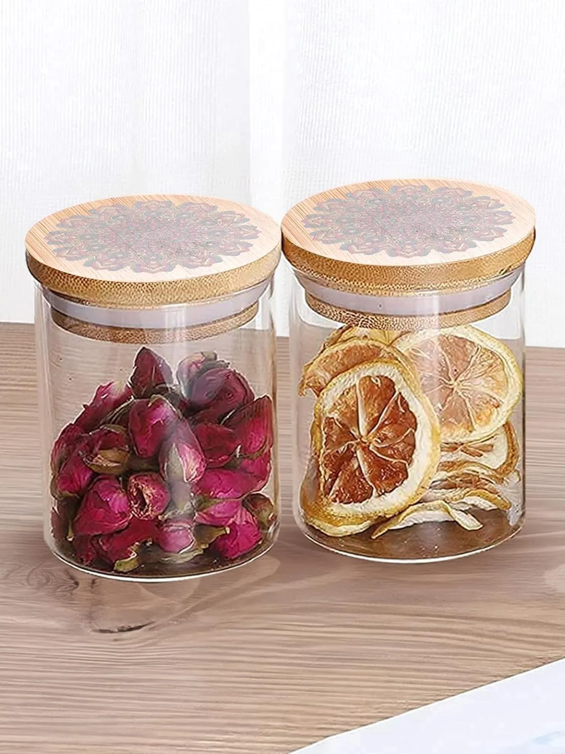 Heart Home Borosilicate Glass Jar with Printed Bamboo Lid|Kitchen Organizer Items and Storage|Multi-utility, Leakproof, Airtight Storage Jar for Cookies,Snacks,Tea,Coffee,Sugar|Pack of 2(300ml)