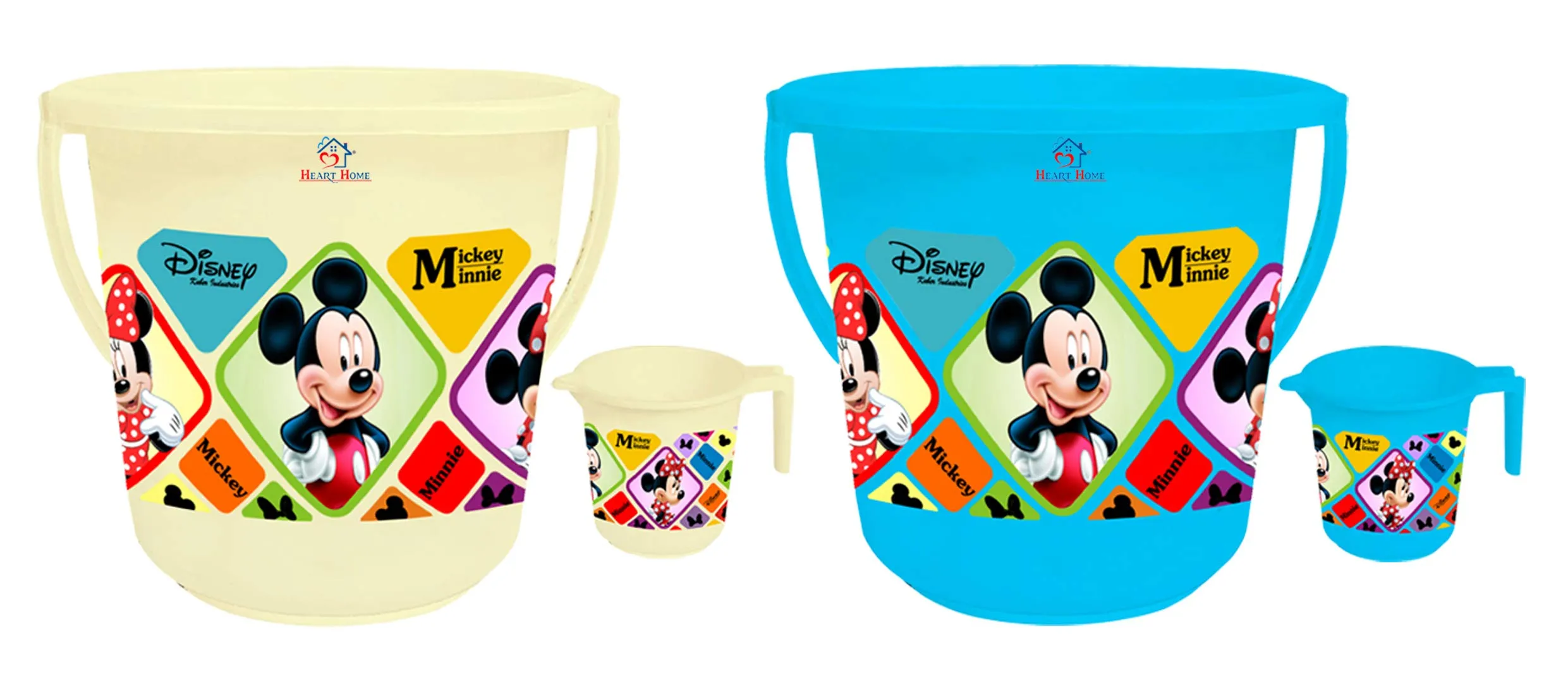 Heart Home Disney Mickey Minnie Print 4 Pieces Unbreakable Virgin Plastic Bathroom Bucket With Mug Set- Cream & Blue, (2 Pc 16 LTR Bucket & 2 Pc 500 ML Mug) -HS_35_HEARTHS17949