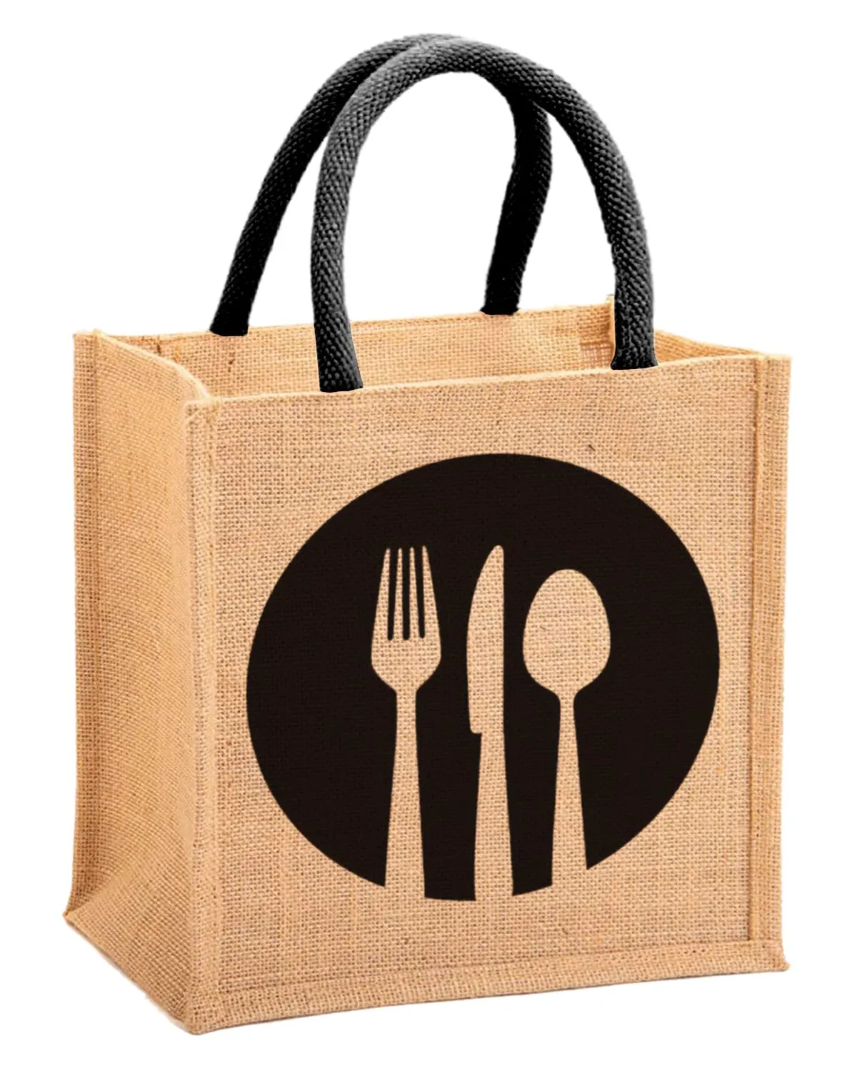 Heart Home Fork Knife Print Jute Reusable Eco-Friendly Hand Bag/Grocery Bag For Man, Woman With Handle Pack Of 2 (Black) 54HH4356.