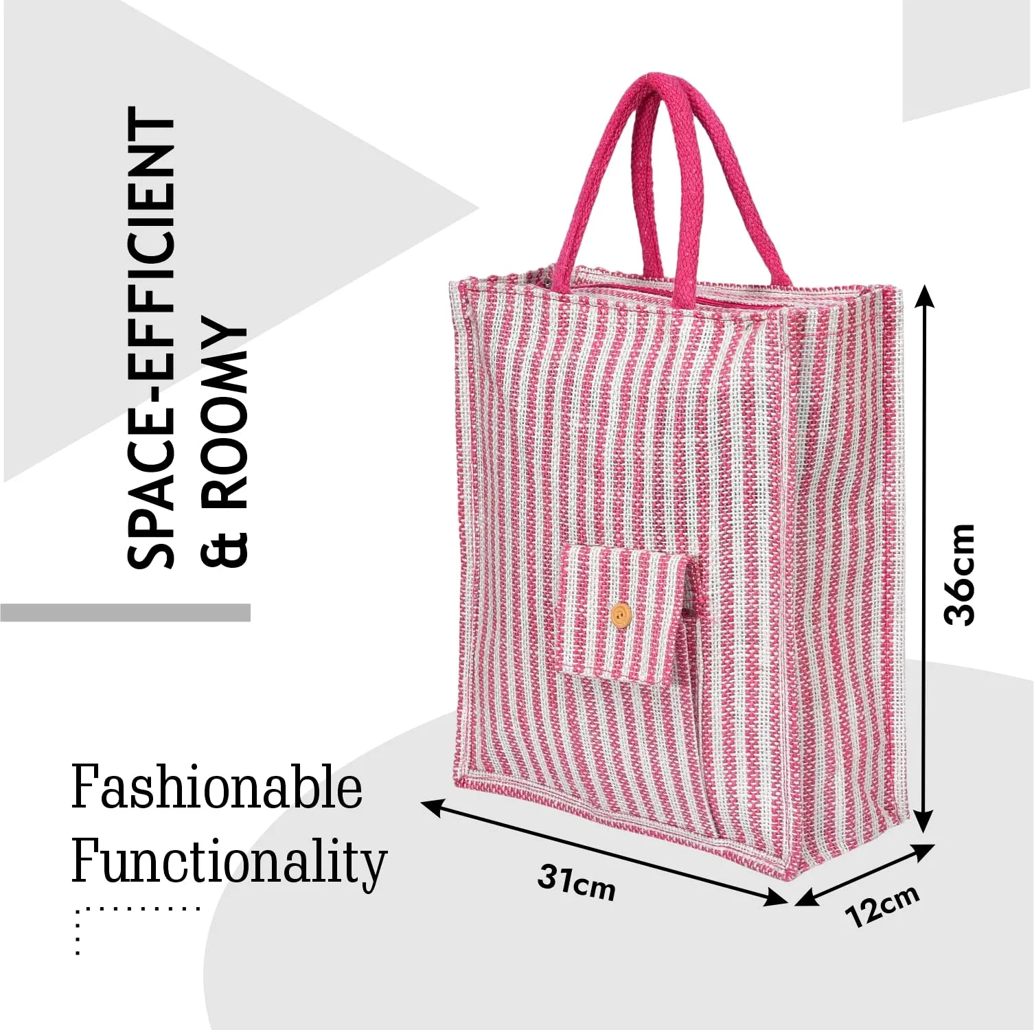 Heart Home Shopping Bag | Jute Carry Bag | Zipper Grocery Bag with Handle | Reusable Shopping Bag | Carrying Bag With Front Pocket | Lining-Grocery Bag | Medium | Pink