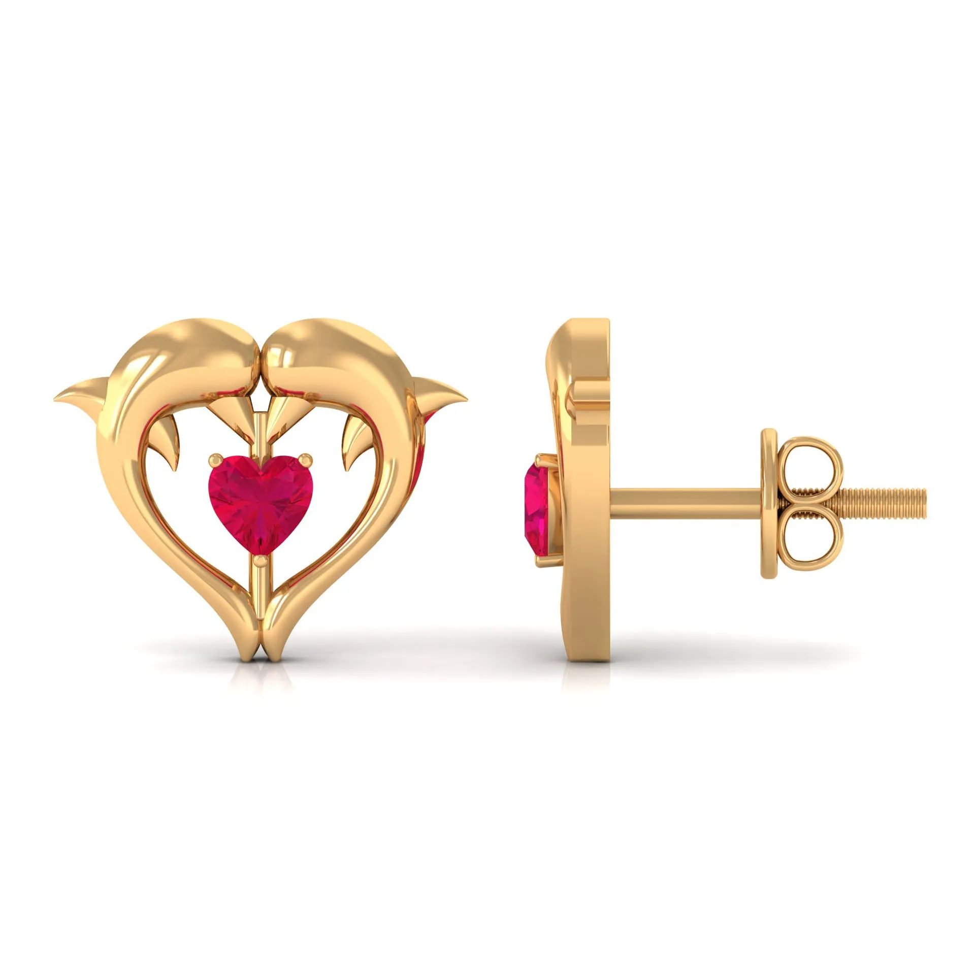 Heart Shape Ruby Dolphin Stud Earrings