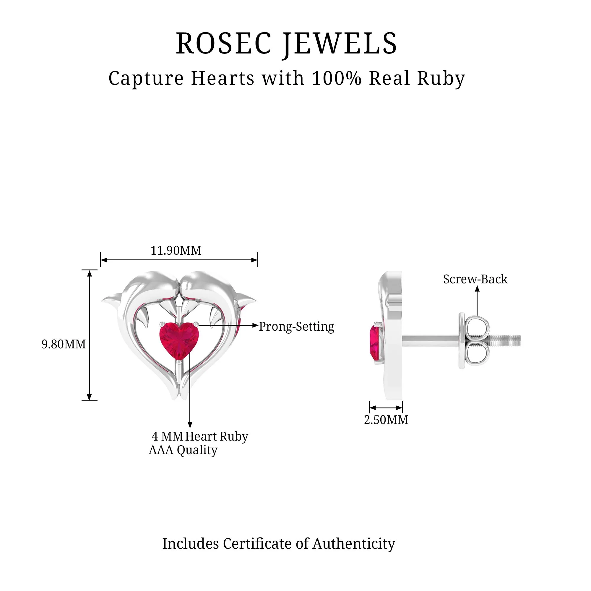 Heart Shape Ruby Dolphin Stud Earrings