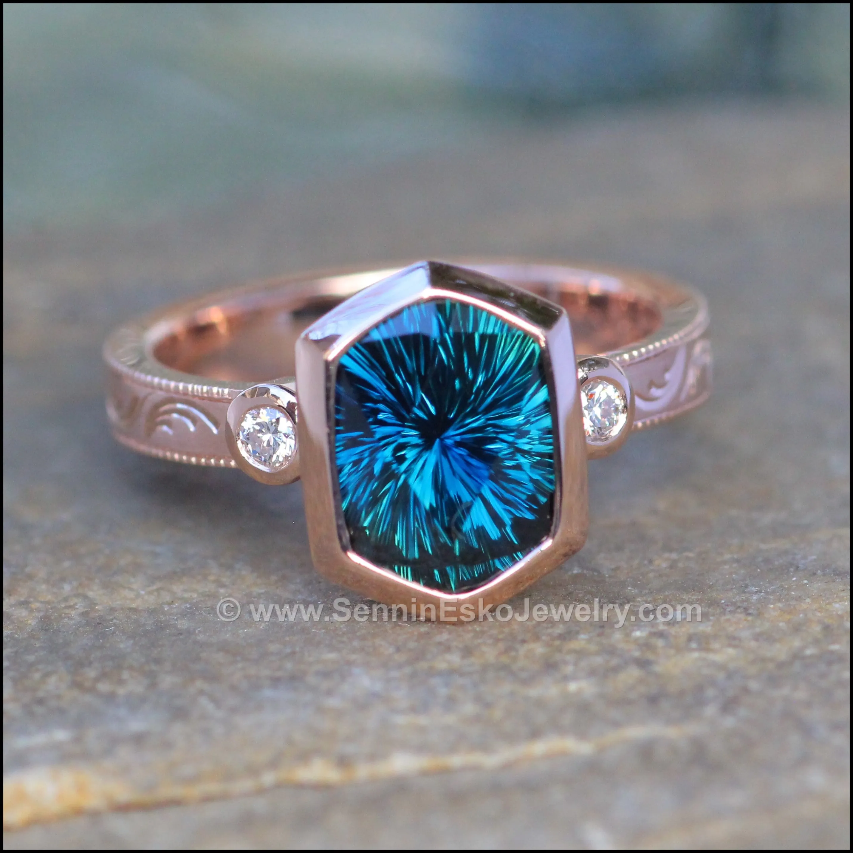 Heavy Weight Rose Gold Branches & Leaves Engraved Multi Bezel Setting - Fantasy Cut 2.6 Carat Parti Sapphire Depicted (Setting Only, Center Stone Sold Separately)