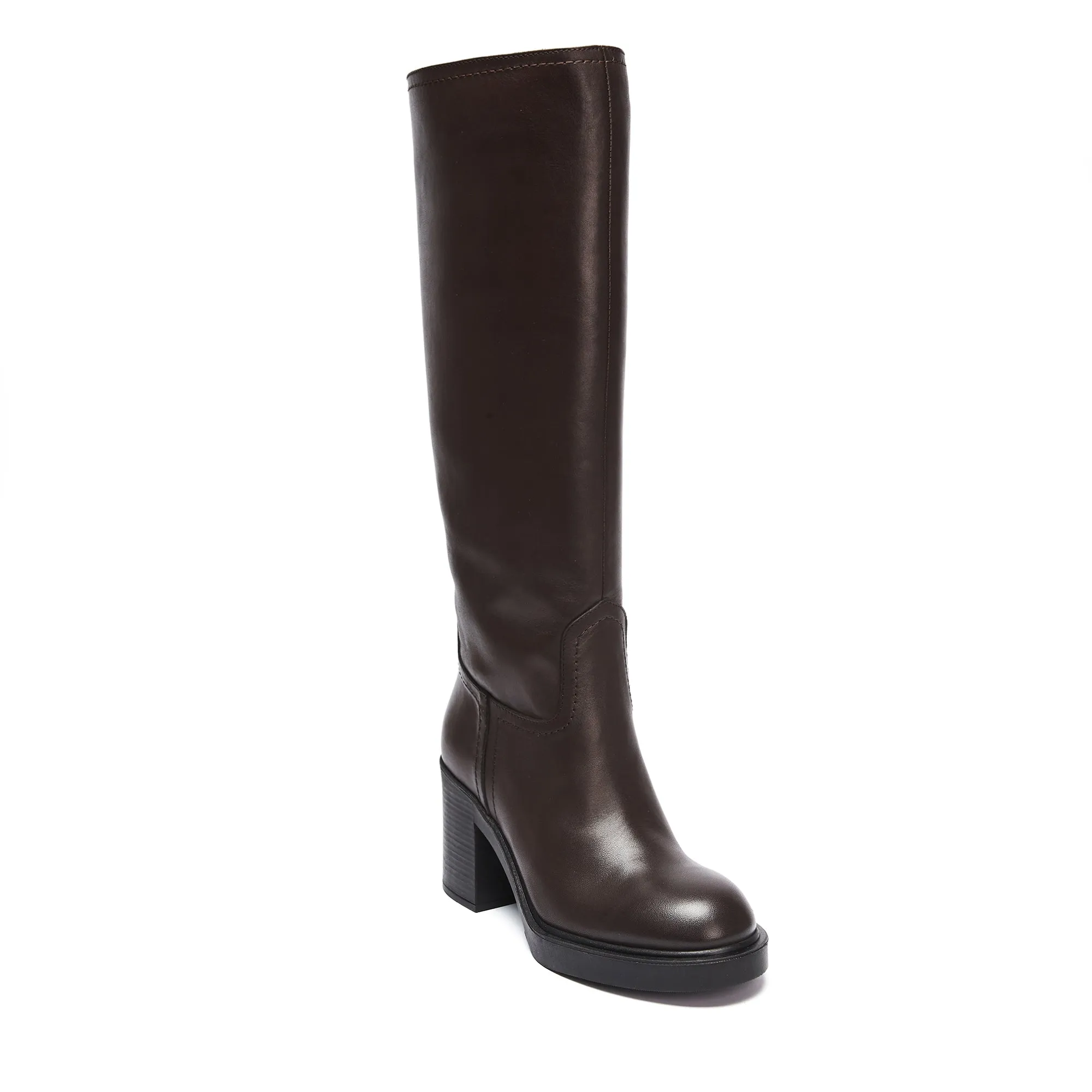 Heeled high tubular boot dark brown