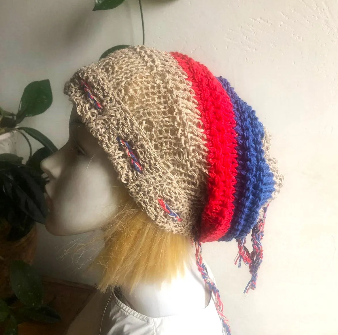 Hemp Summer Sun Beanie Hemp Knit Tube Hat Women Men Handmade Unisex Dreads Long Tube Slouchy hat