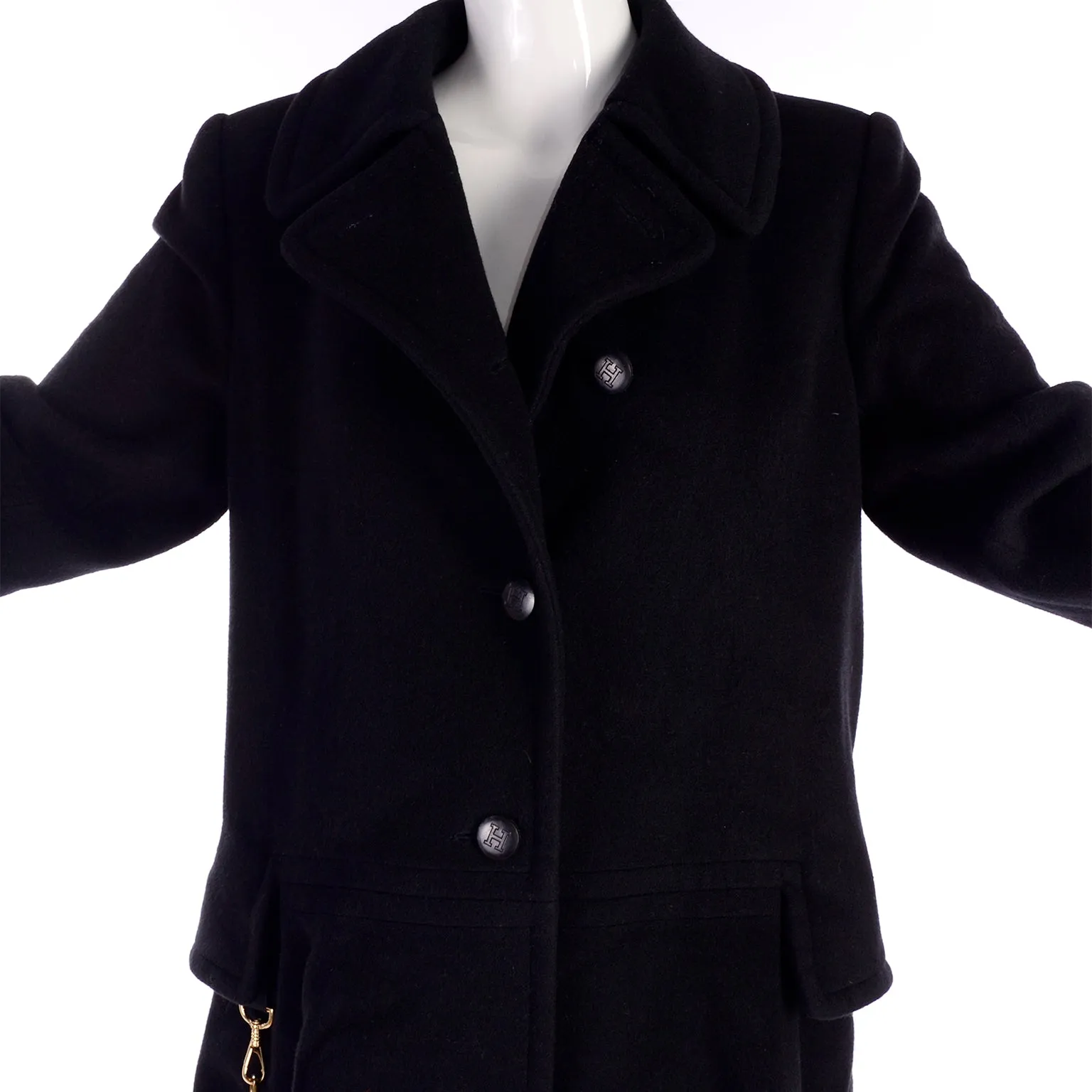 Hermes Black Cashmere Vintage Coat w/ Toggle Clip