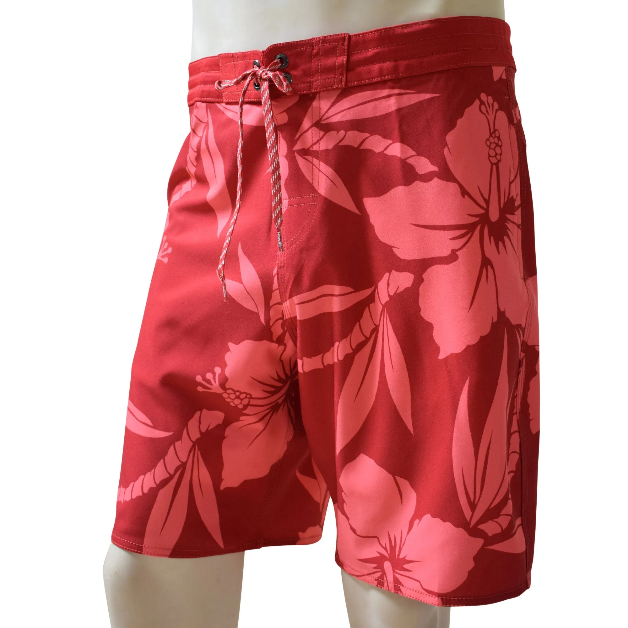 Hibiscus Men's Lasso Waist Boardshorts with Pockets, Quick Dry Board Shorts, Beach Shorts, Swim Trunks, Sportwear