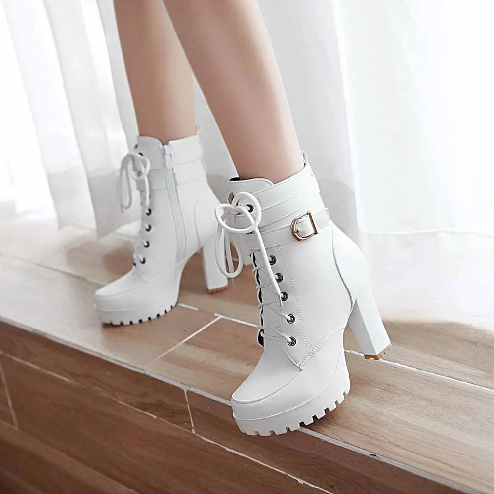 High Heel Platform Boots for Women Ankle Boots Lace Up