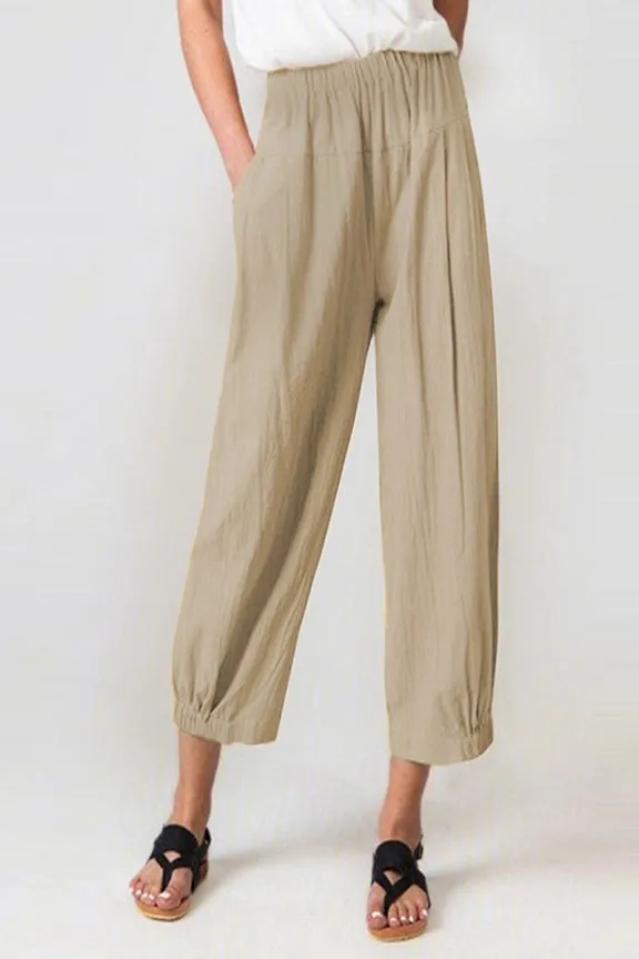 High Waist Elastic Waist Loose Pants - Khaki