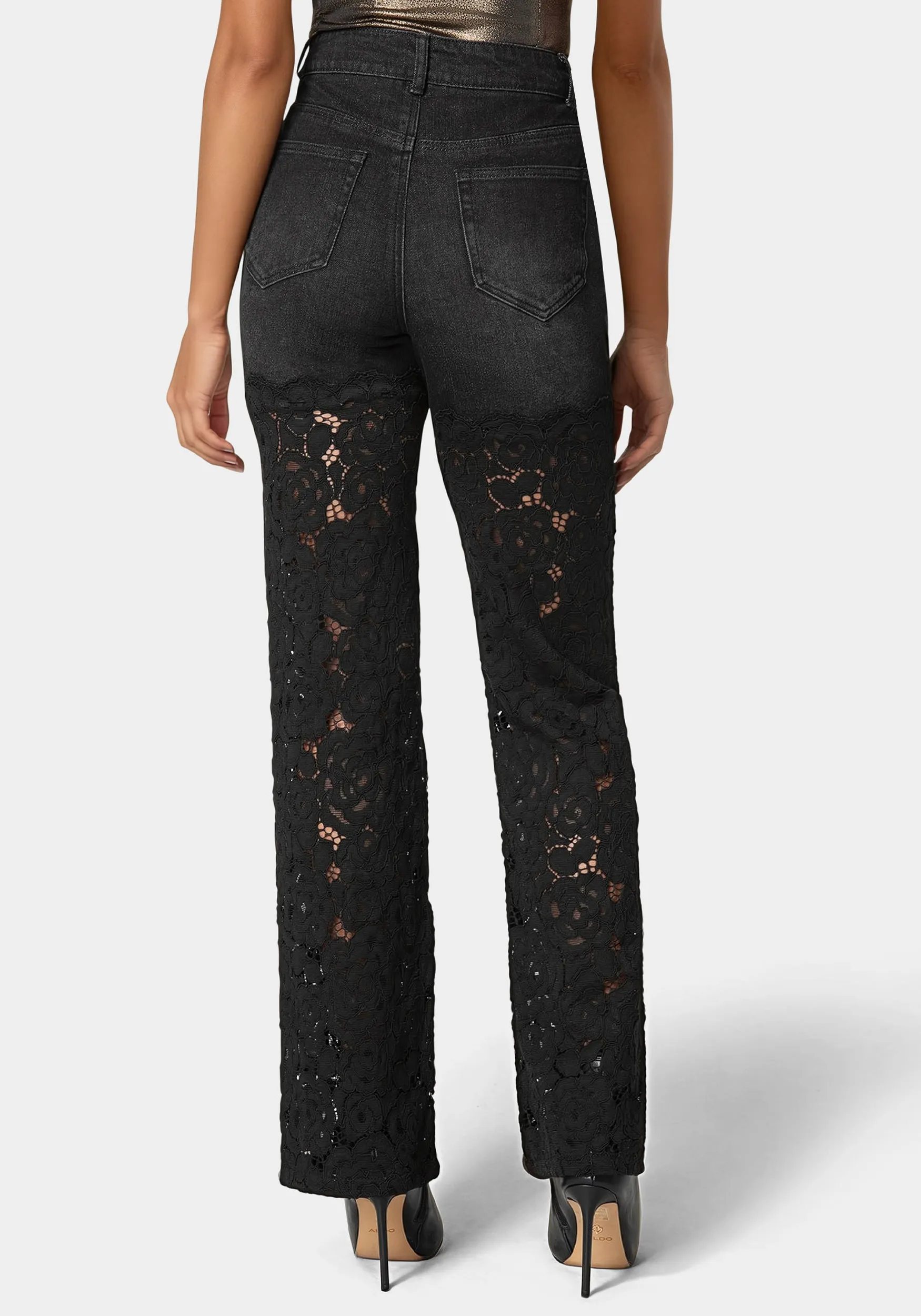 High Waist Embellished Lace Wide Leg Jeans