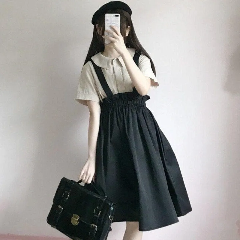 High-Waist Paperbag Skirt With Suspenders