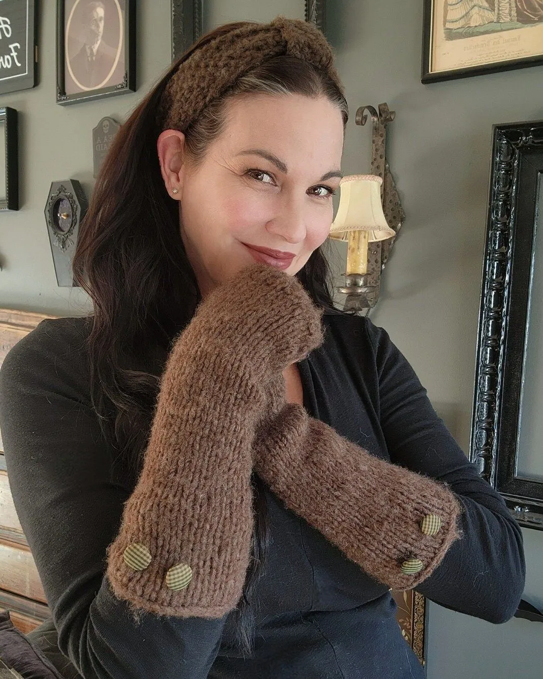 'Highlands" Hand Knit Fingerless Gloves or Armwarmers in Brown with Green Plaid Buttons