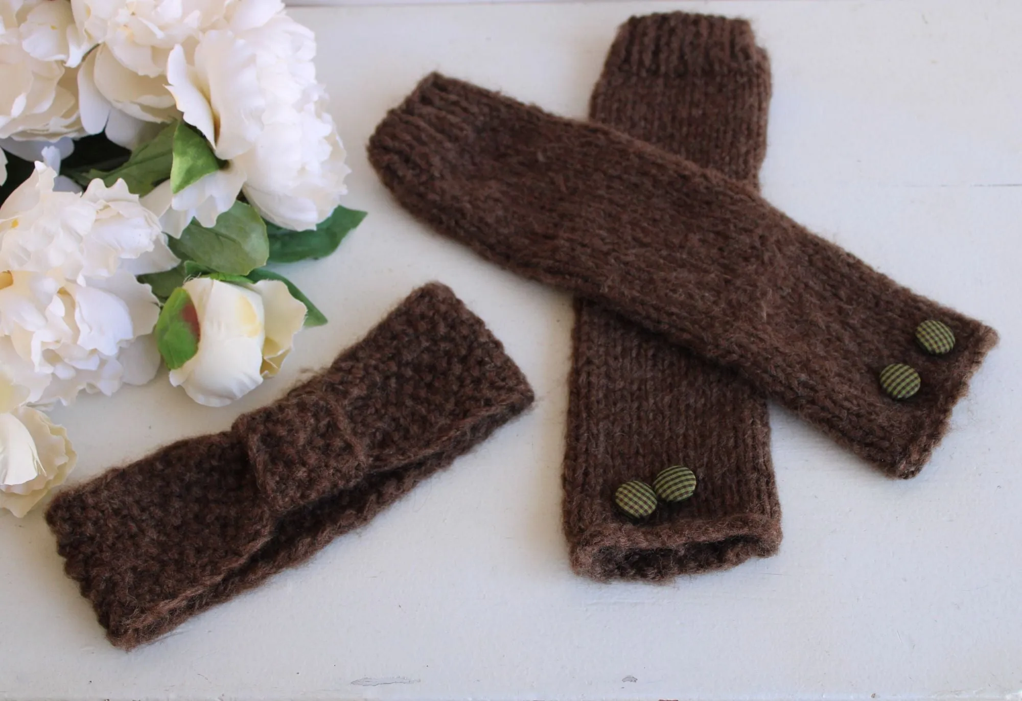 'Highlands" Hand Knit Fingerless Gloves or Armwarmers in Brown with Green Plaid Buttons