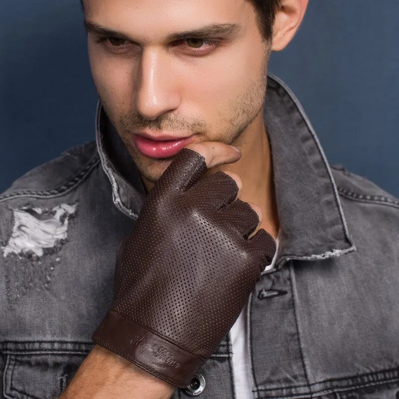 HIGHSHINE Men's Unlined Half Finger Car Driving Leather Gloves