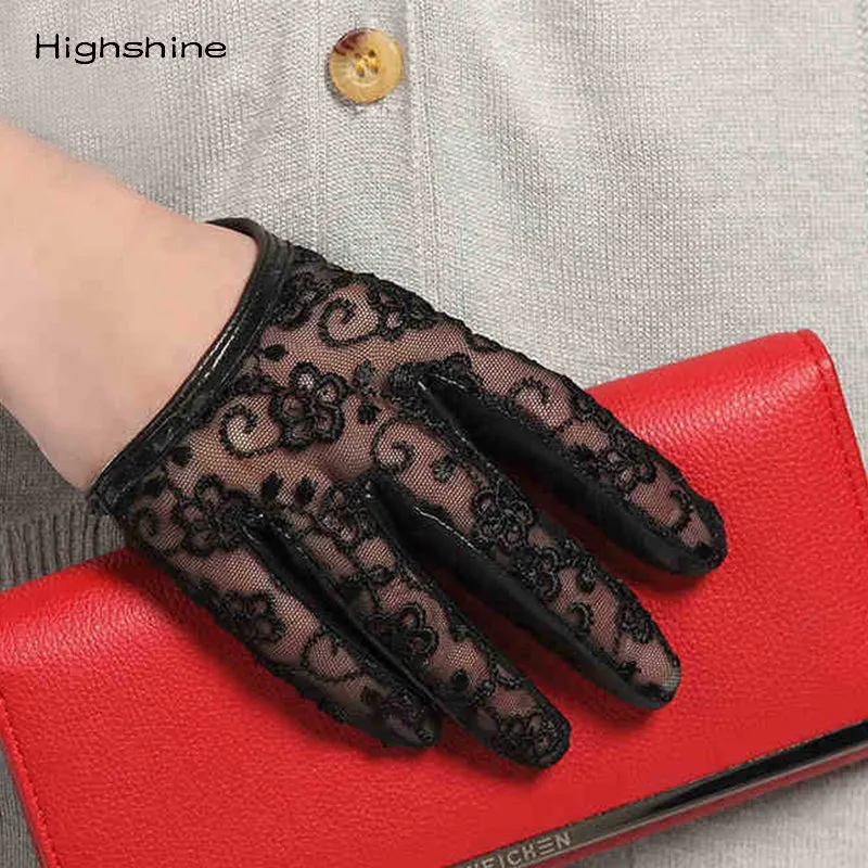 HIGHSHINE Women Genuine Leather Gloves Sexy Lace Car Driving Gloves