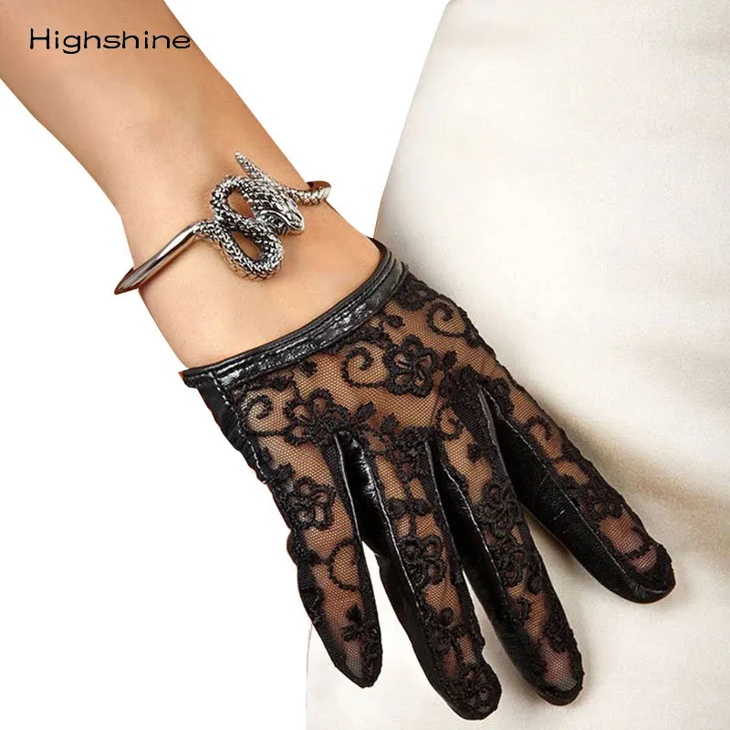 HIGHSHINE Women Genuine Leather Gloves Sexy Lace Car Driving Gloves