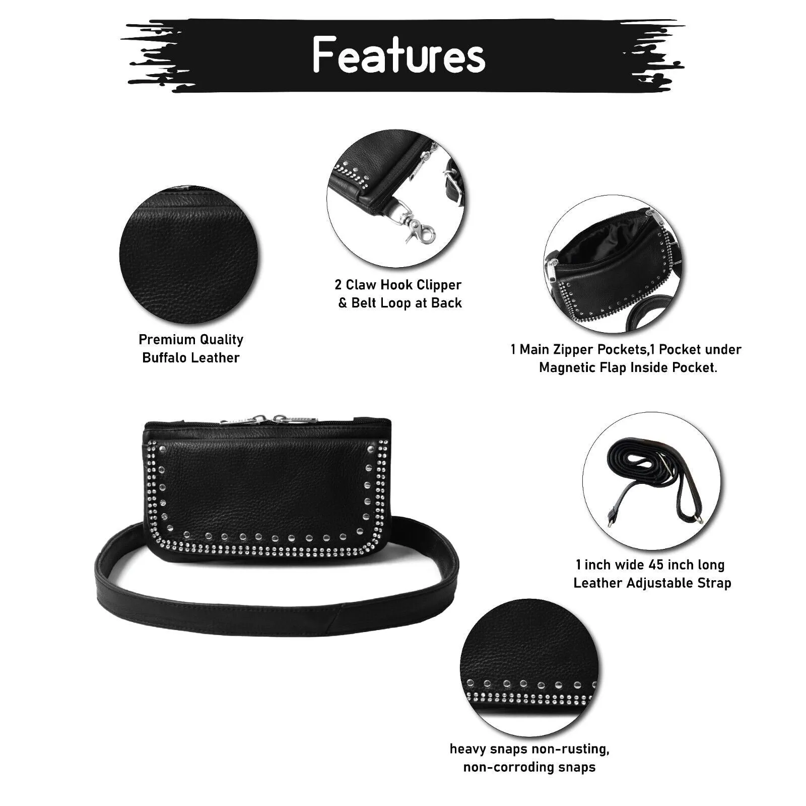 HL80151BLING Leather Hip Clip Purse Bag Women Waist Bag Fanny Pack Motorcycle Biker BLING