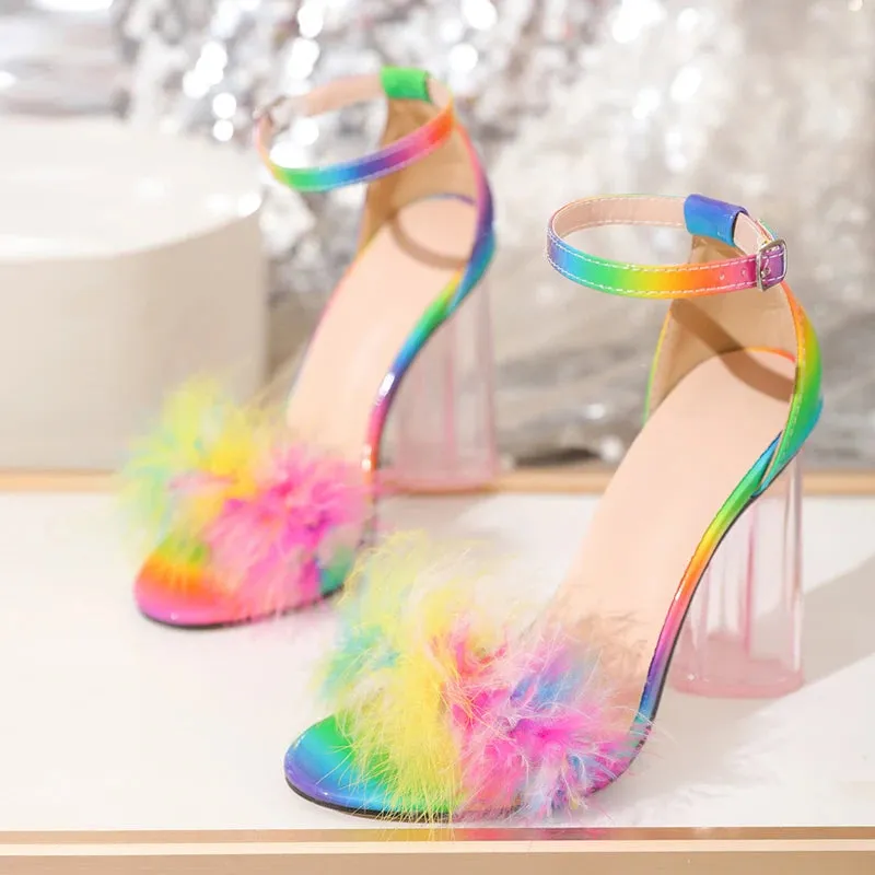 Hnzxzm 2024 New Fashion Fluffy Feather Women's Sandals Transparent Strange High Heels Elegant Ladies Wedding Banquet Shoes Pumps