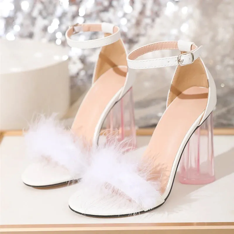 Hnzxzm 2024 New Fashion Fluffy Feather Women's Sandals Transparent Strange High Heels Elegant Ladies Wedding Banquet Shoes Pumps