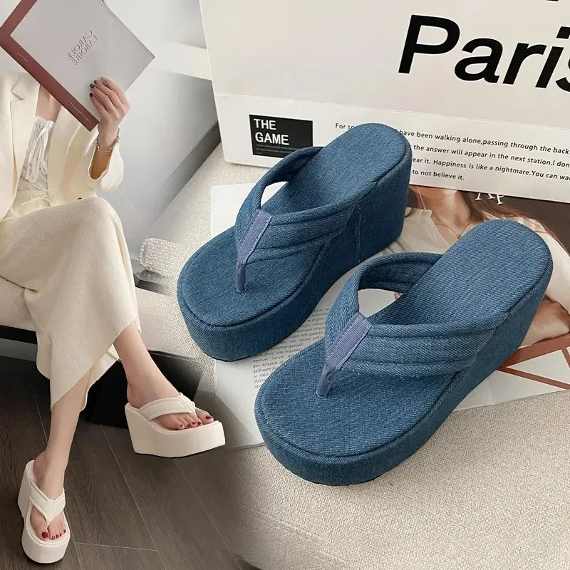 Hnzxzm Blue Denim Wedge Heel Flip Flops for Summer 2024 Internet Famous Vacation Beach Sponge Cake Thick Soled High Heel Slippers