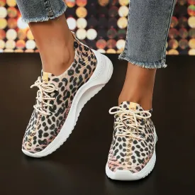 Hnzxzm New Leopard Knitted Sneakers Women Lightweight Breathable Running Shoes Woman Non Slip Casual Flats Shoes Size 43