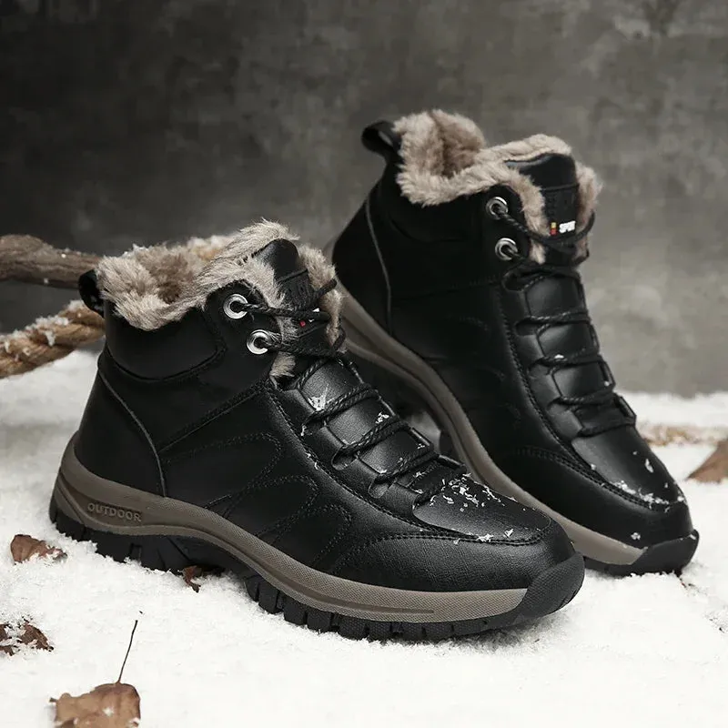 Hnzxzm Winter Outdoor Hiking Shoes Lace-Up Leather Mens Snow Boots Men Boots Plush Warm Couple Waterproof Non-slip Working Ankle Boots