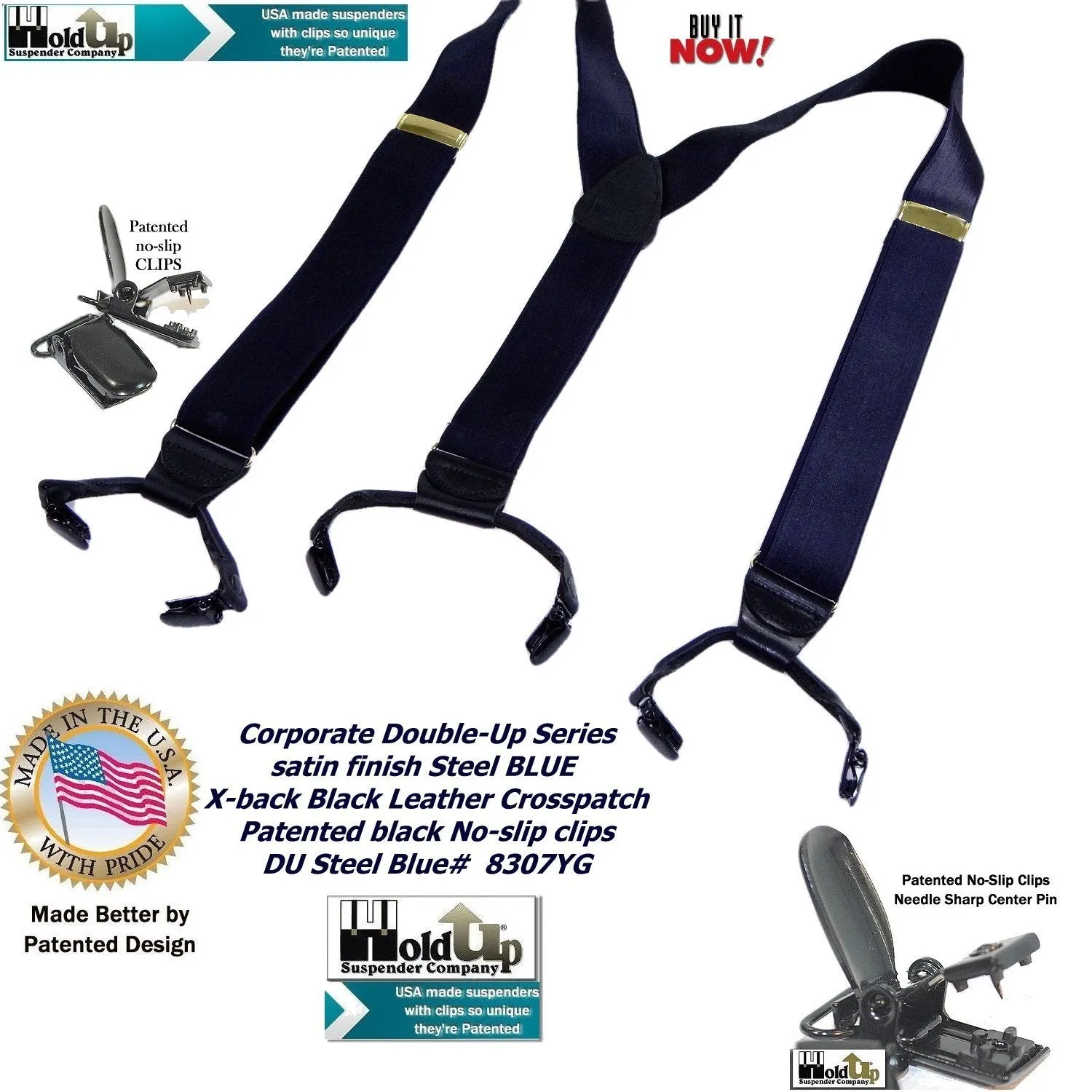 HoldUp Brand Dark Steel Blue Satin Finished Corporate Series Y-back Suspenders in Dual clip Double-Up style