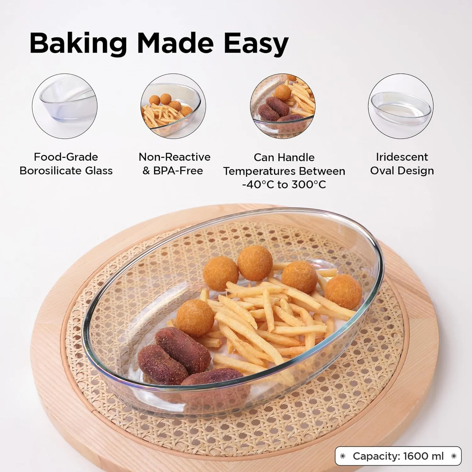 Homestic 1600 ml Borosilicate Glass Baking Tray | Transparent Microwave Oven Safe Utensils | Oval Bread Moulds for Baking | Dishwasher & Freezer Safe | Multipurpose use Serving Tray