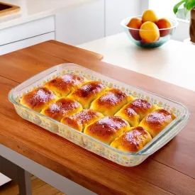 Homestic 2200ml Borosilicate Printed Glass Baking Tray | Transparent Microwave Oven Safe Utensils | Rectangular Bread Moulds for Baking | Dishwasher & Freezer Safe | Multipurpose Serving Tray