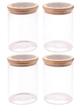 Homestic Borosilicate Glass Jar with Printed Bamboo Lid|Kitchen Organizer Items and Storage|Multi-utility, Leakproof, Airtight Storage Jar for Cookies,Snacks,Tea,Coffee,Sugar|Pack of 4(600ml)